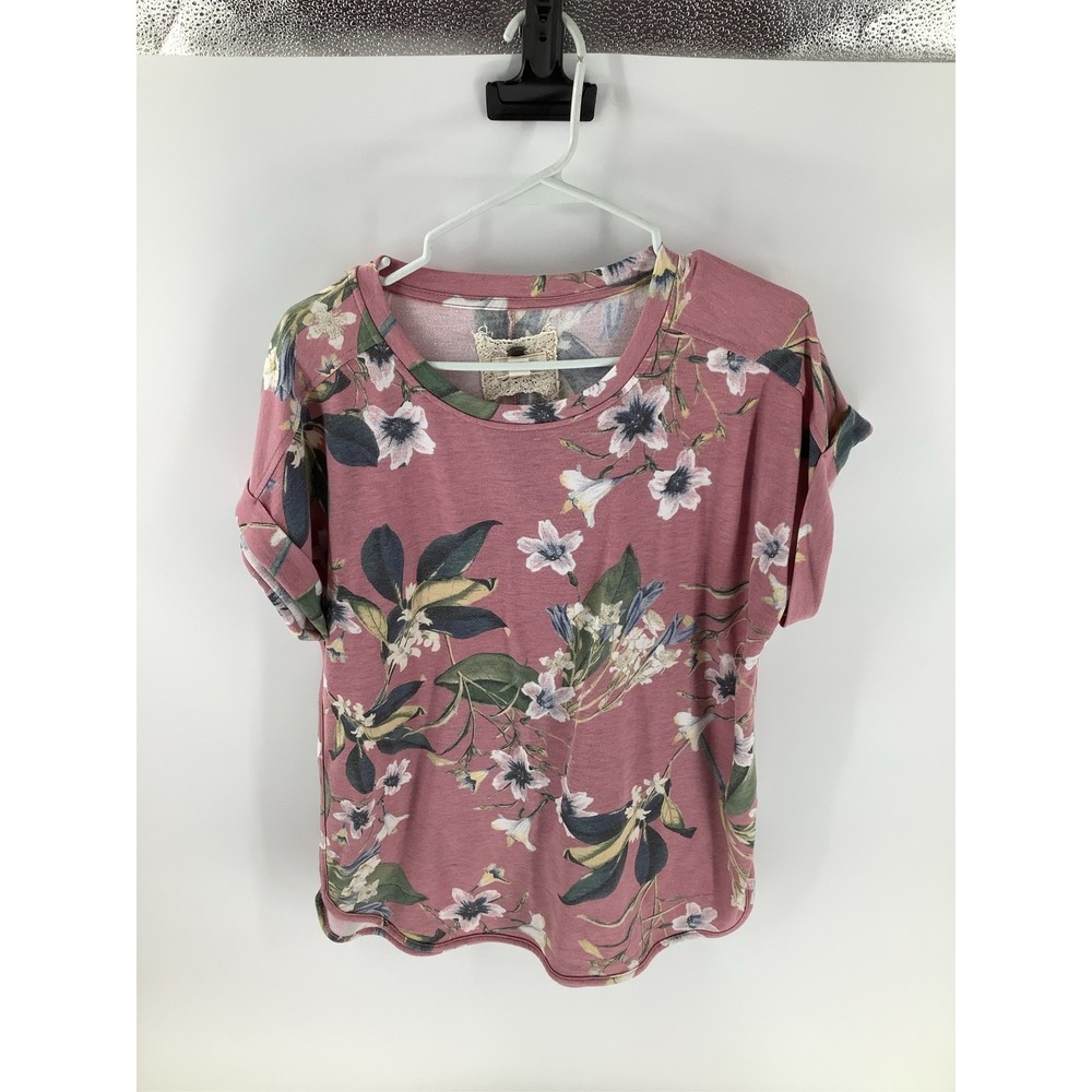 Cupio Blush Pink Floral Short Sleeve Top Crew Neck Womens Casual Sz L